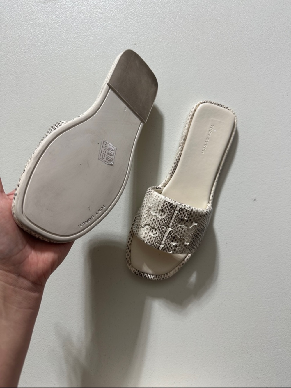 Tory Burch Cream Snake-Embossed Slide Sandals with Logo Cutout - Picture 6 of 7